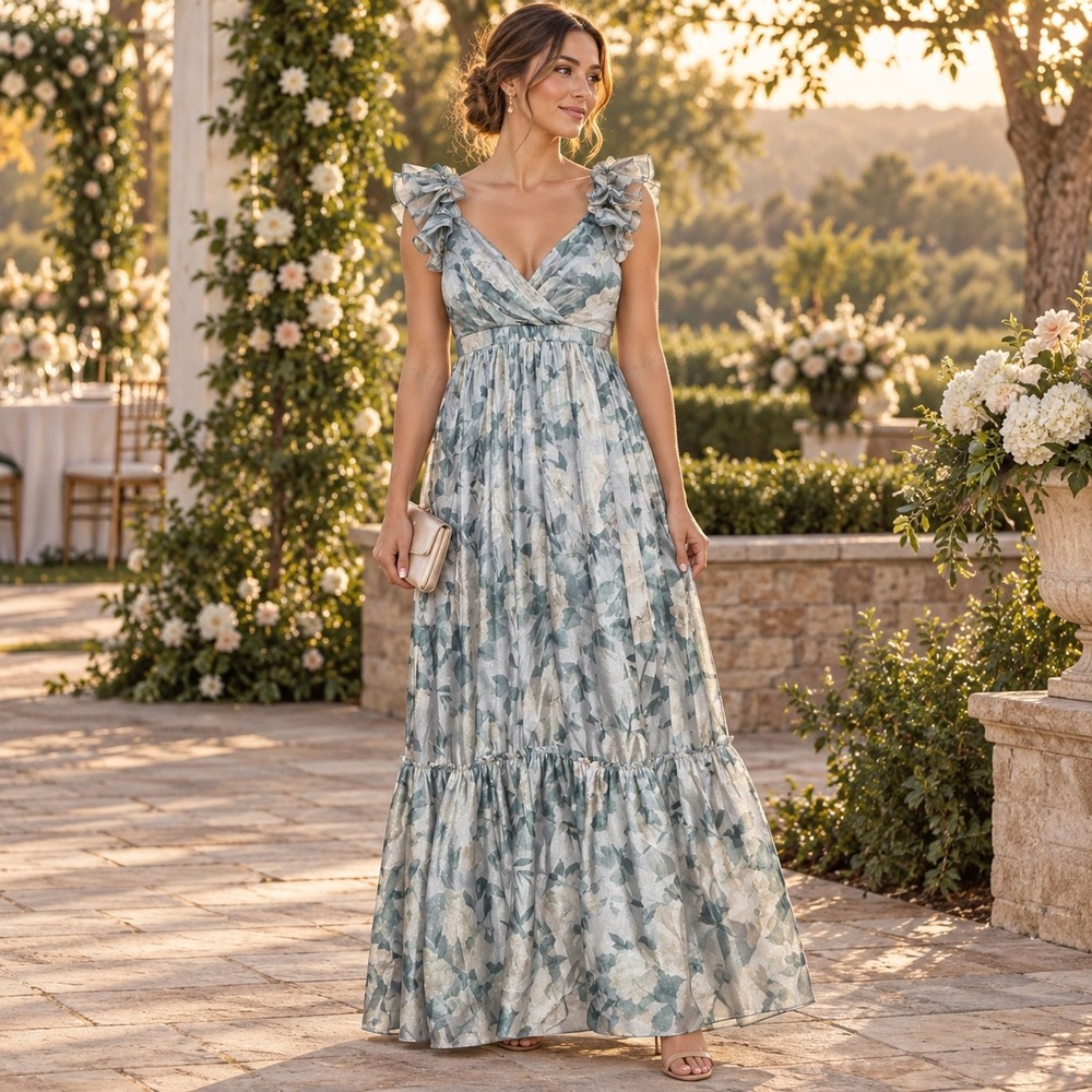 NWT Lulus Sage Floral Metallic Ruffle Tiered Maxi Dress L Wedding Guest Formal